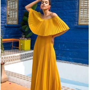 Yellow floor length off the shoulder dress